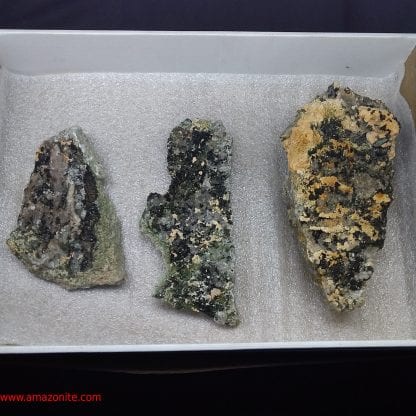 One Box Of 3 Epidote Mineral Specimens From Orange River Chip Fryer