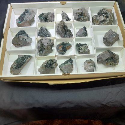 (WM03692) One Box Of 18 Libethenite Mineral Specimens From Congo Rachel Linderman