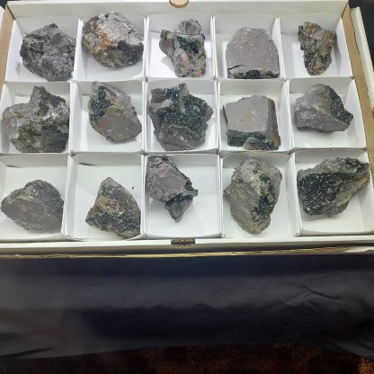 (WM03706) One Box Of 15 Libethenite Mineral Specimens From Congo (Neteru Hathor)