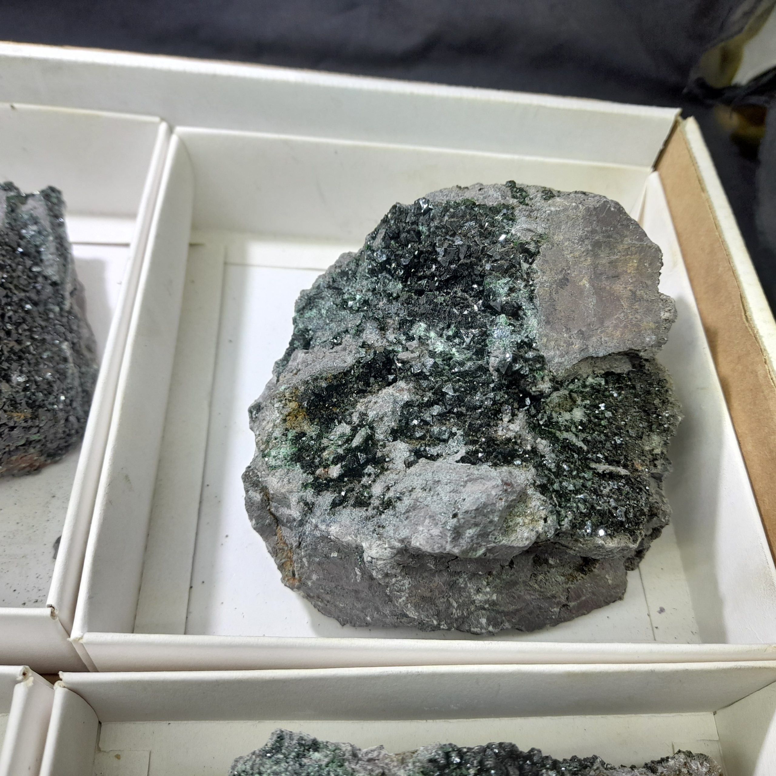 (WM03756) One Box Of 6 Libethenite Mineral Specimens From Congo