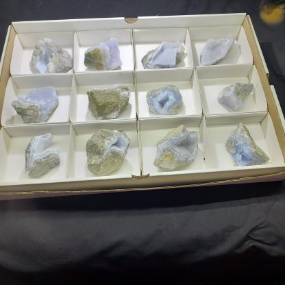 (WM03836) One Box Of 12 Blue Lace Agate Mineral Specimens From Malawi Gail Armstrong