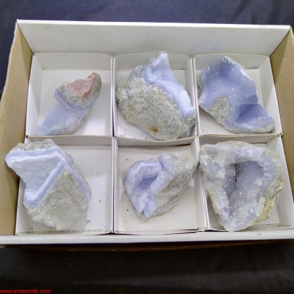 (WM03792) One Box of 6 Blue Lace Agate Mineral Specimens From Malawi Viki Stelfox