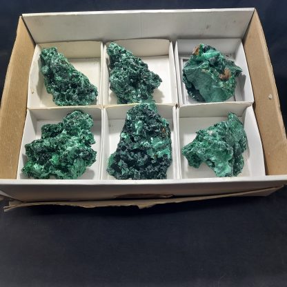 (WM03910) One Box Of 6 Silky Malachite Mineral Specimens From Congo Vance Hewitt