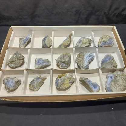 (WM04061) One Box Of 15 Blue Lace Agate Mineral Specimens  Vance Hewitt From Malawi