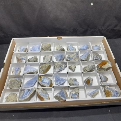 (WM04098) One Box Of 35 Blue Lace Agate Mineral Specimens From Malawi Vance Hewitt