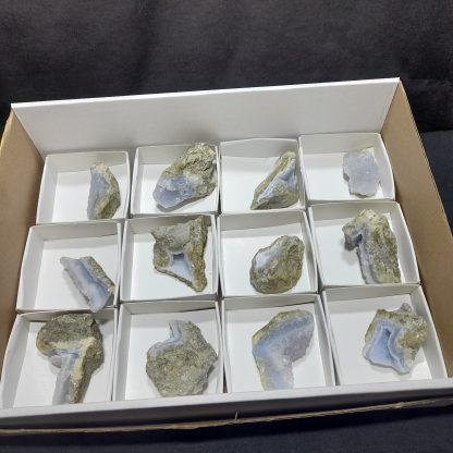 (WM04124) One Box Of 12 Blue Lace Agate Mineral Specimens From Malawi Carrie Vincent