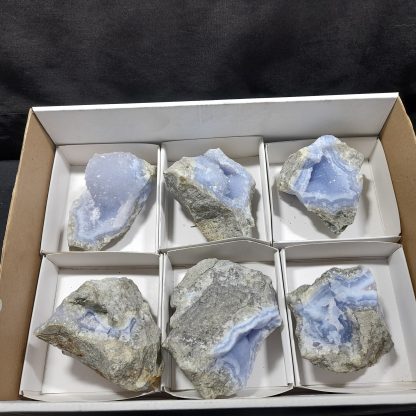(WM04155) One Box f 6 Blue Lace Agate Mineral Specimens From Malawi   Paul Davila