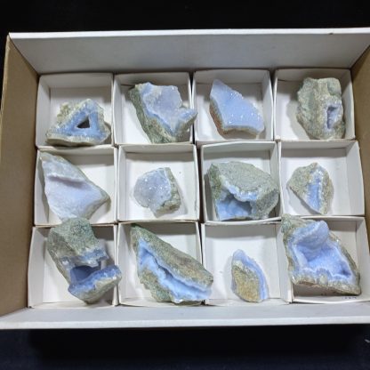 (WM04165) One Box Of 12 Blue Lace Agate Mineral Specimens From Malawi Vance Hewitt