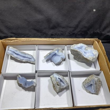 (WM04297) One Box Of 6 Blue Lace Agate Mineral Specimens From Malawi