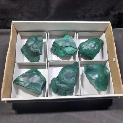 (WM04446) One Box Of 6 Botryoidal Malachite Mineral Specimens From Congo
