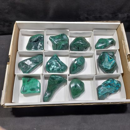 (WM04522) One Box Of 12 Hand Polished Malachite Mineral Specimens From Congo