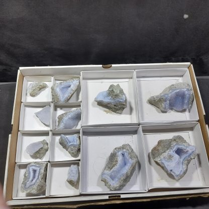 (WM04528) One Box Of 12 Blue Lace Agate Mineral Specimens From Malawi   Chip Fryer