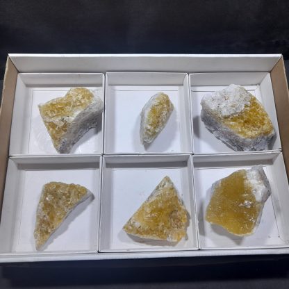 (WM04691) One Box Of 6 Yellow Fluorite Mineral Specimens From Erongo, Namibia     Jaqueline Bautista