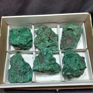 (WM05015) One Box Of 6 Silky Malachite Mineral Specimens