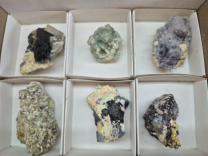 (WM05033) One Box 6 Assorted Fluorite And Black Tourmaline Mineral Specimens From Namibia