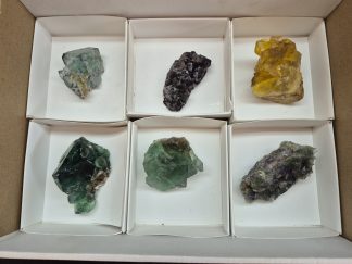 (WM05065) One Box Of 6 Fluorite Mineral Specimens From Okorusu Namibia