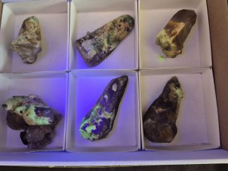 (WM05061) One Box Of 6 Smokey Dogtooth Crystals With Hyaline Opel From Erongo Namibia