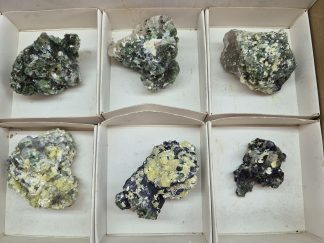 (WM05060) One Box Of 6 Fluorite And Golden Muscovite Mineral Specimens From Erongo Namibia