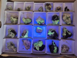 (WM05047) One Box Of 22 Hyaline Opel And Black Tourmaline Mineral Specimens From Erongo Namibia
